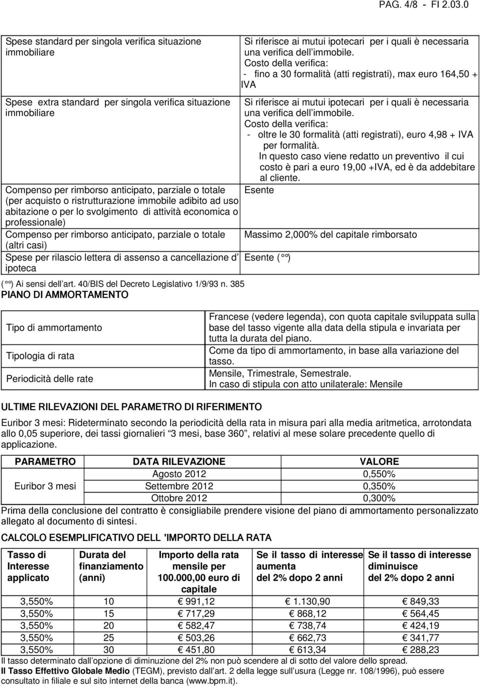 ristrutturazione immobile adibito ad uso abitazione o per lo svolgimento di attività economica o professionale) Compenso per rimborso anticipato, parziale o totale (altri casi) Spese per rilascio