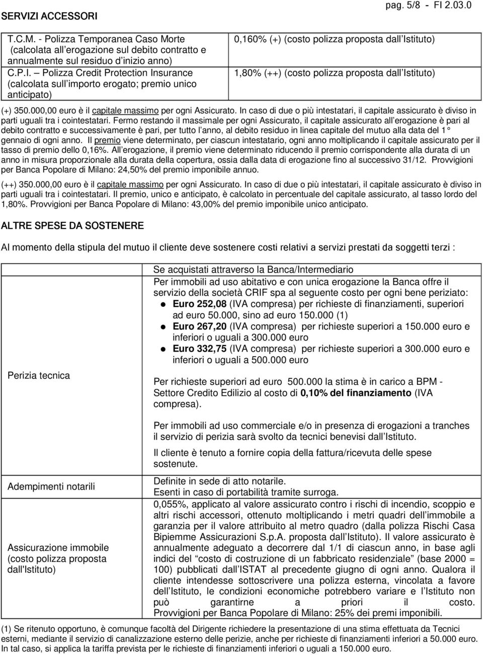 Insurance (calcolata sull importo erogato; premio unico anticipato) 0,160% (+) (costo polizza proposta dall Istituto) 1,80% (++) (costo polizza proposta dall Istituto) (+) 350.