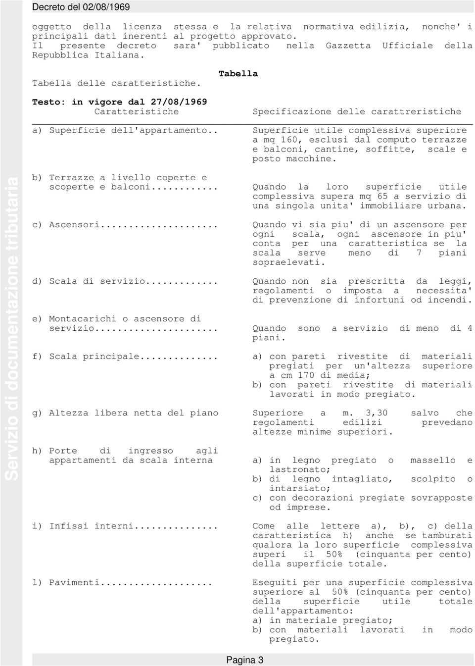 Tabella in vigore dal 27/08/1969 Caratteristiche Specificazione delle carattreristiche a) Superficie dell'appartamento.