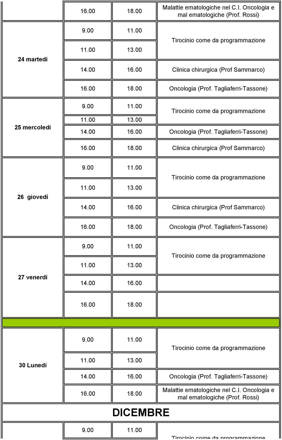 Tagliaferri-Tassone) Clinica chirurgica (Prof Sammarco) 26 giovedì Clinica chirurgica (Prof Sammarco) Oncologia (Prof.