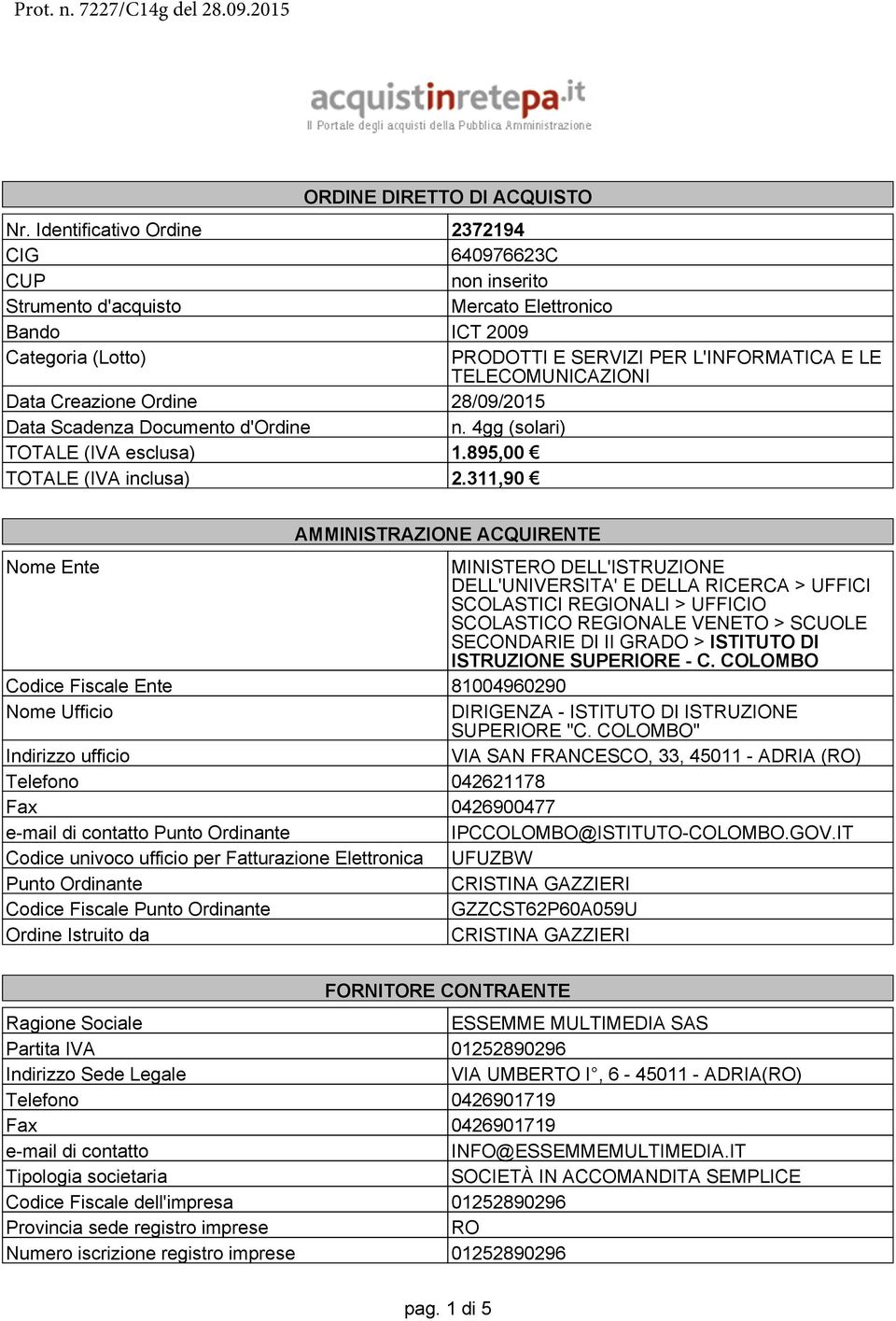 Data Creazione Ordine 28/09/2015 Data Scadenza Documento d'ordine n. 4gg (solari) TOTALE (IVA esclusa) 1.895,00 TOTALE (IVA inclusa) 2.