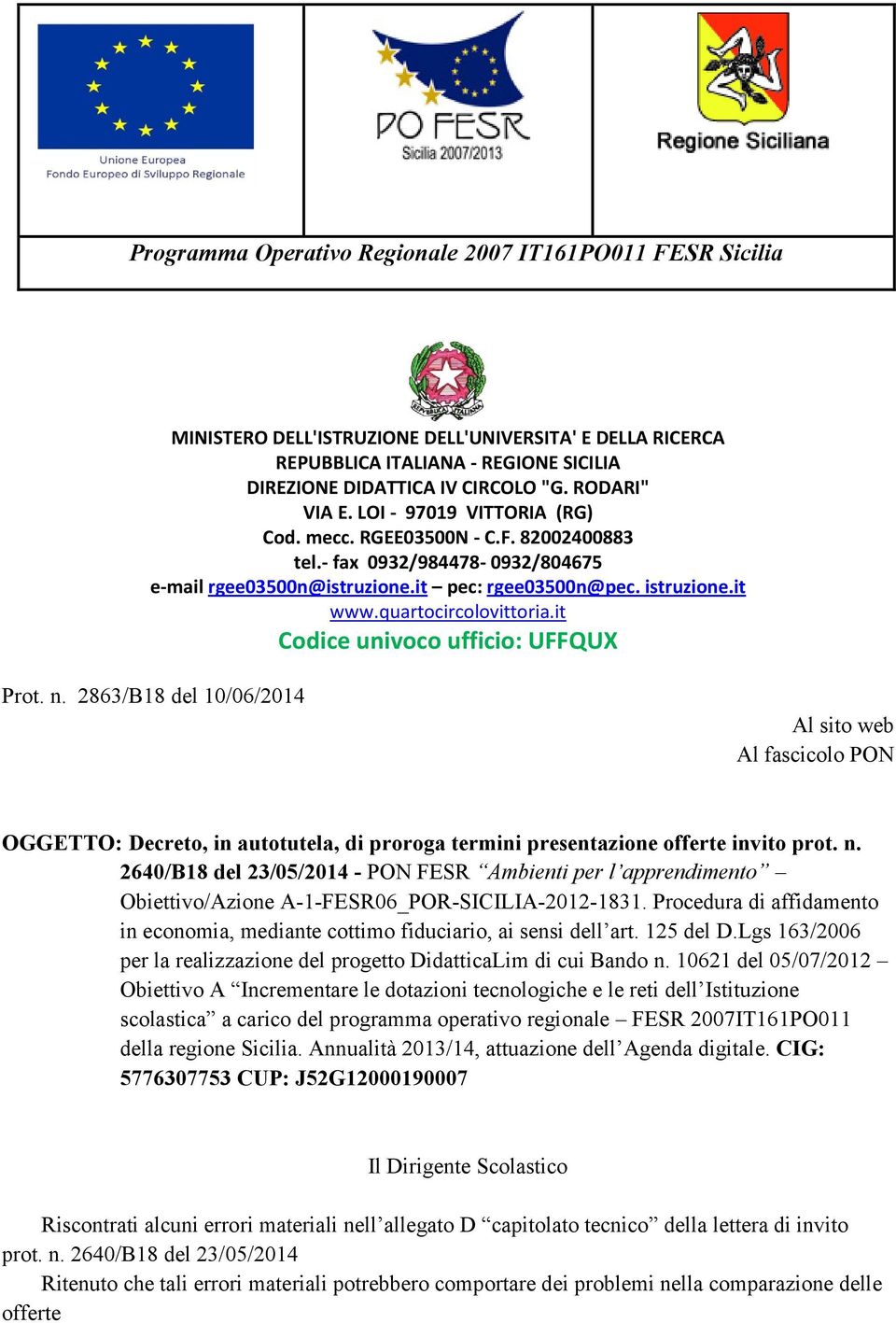 quartocircolovittoria.it Codice univoco ufficio: UFFQUX Prot. n.