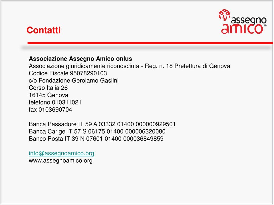 Genova telefono 010311021 fax 0103690704 Banca Passadore IT 59 A 03332 01400 000000929501 Banca Carige IT