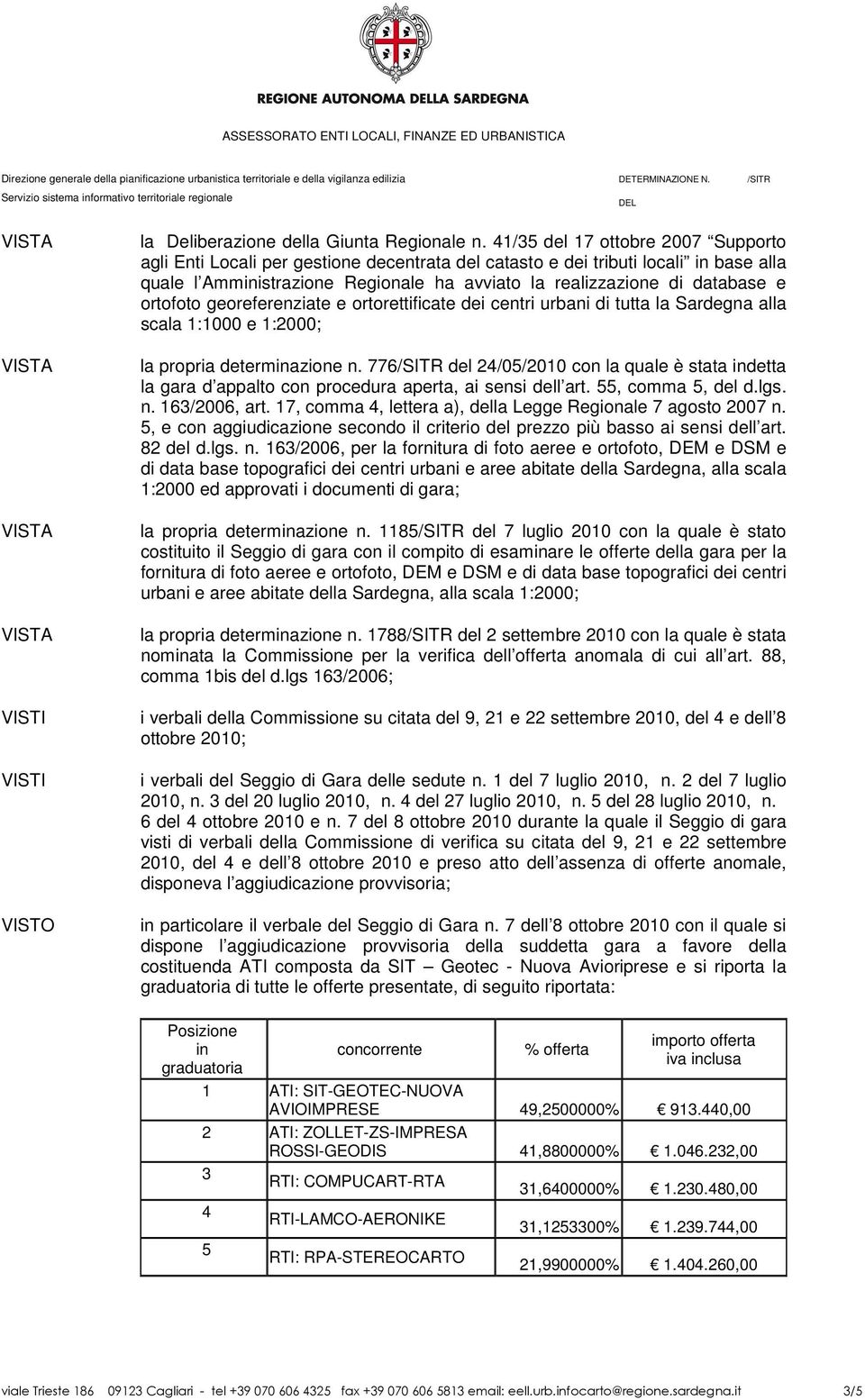 ortofoto georeferenziate e ortorettificate dei centri urbani di tutta la Sardegna alla scala 1:1000 e 1:2000; la propria determinazione n.