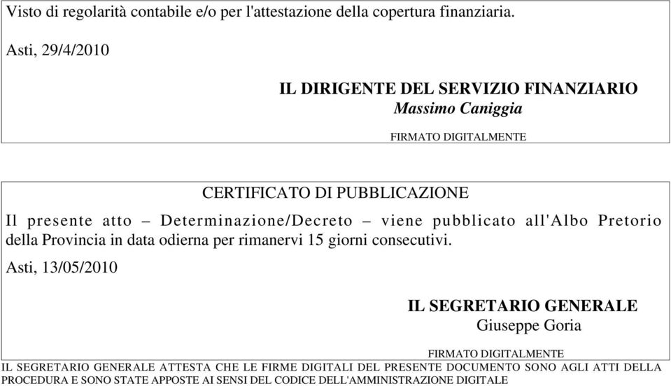 Determinazione/Decreto viene pubblicato all'albo Pretorio della Provincia in data odierna per rimanervi 15 giorni consecutivi.