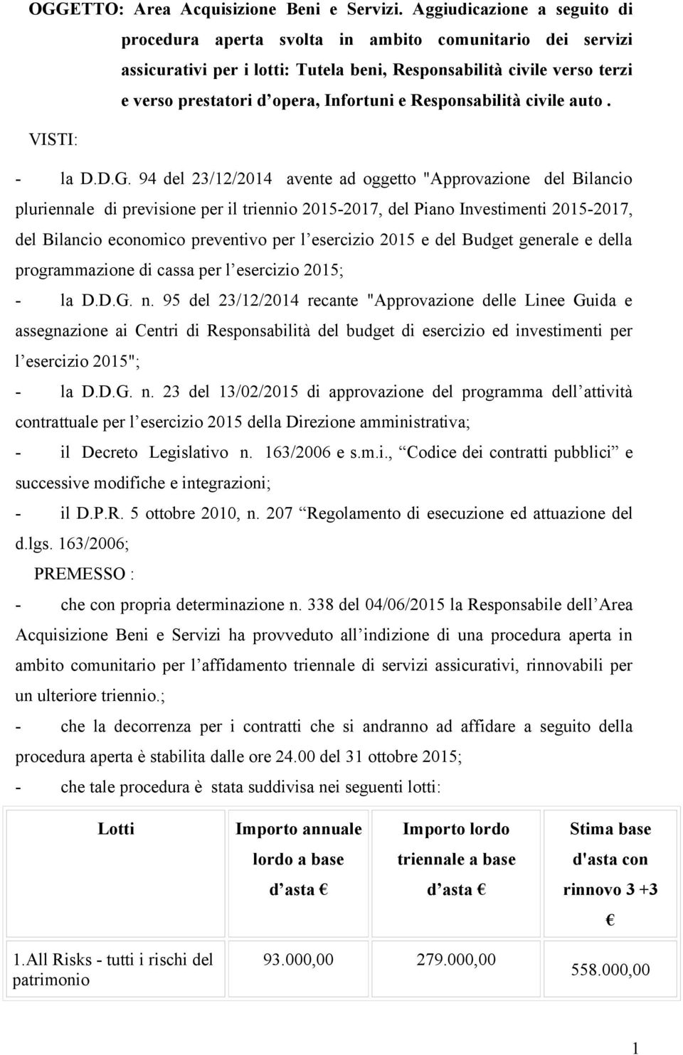 Responsabilità civile auto. VISTI: - la D.D.G.