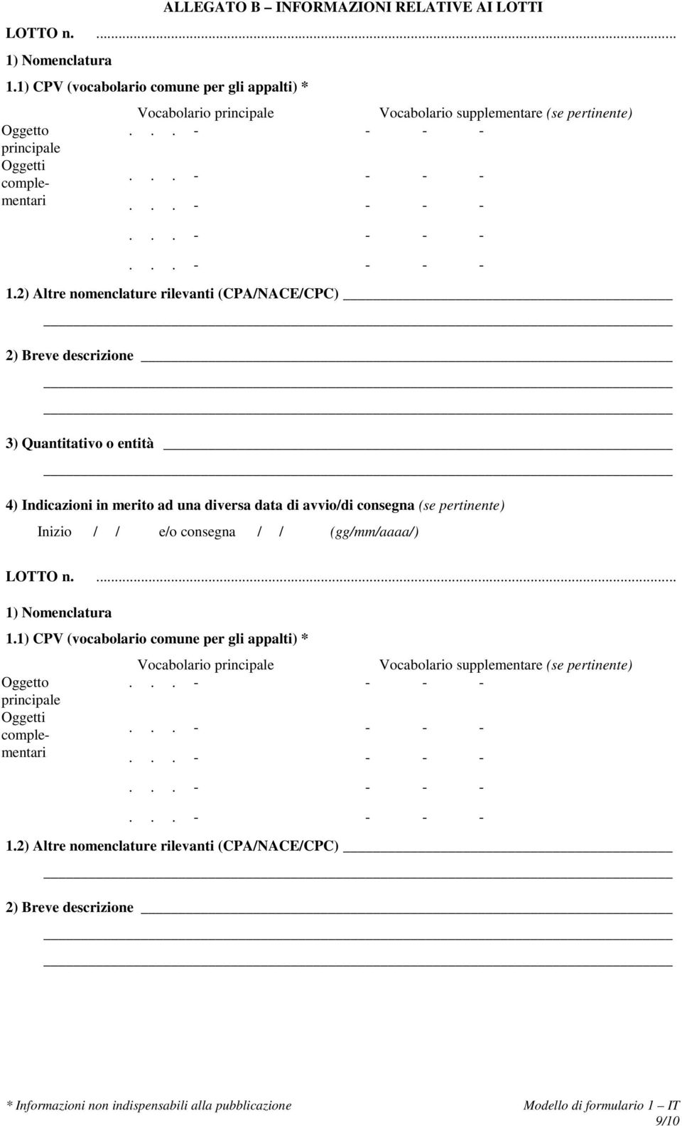 2) Altre nomenclature rilevanti (CPA/NACE/CPC) 2) Breve descrizione 3) Quantitativo o entità 4) Indicazioni in merito ad una diversa data di avvio/di consegna (se pertinente)