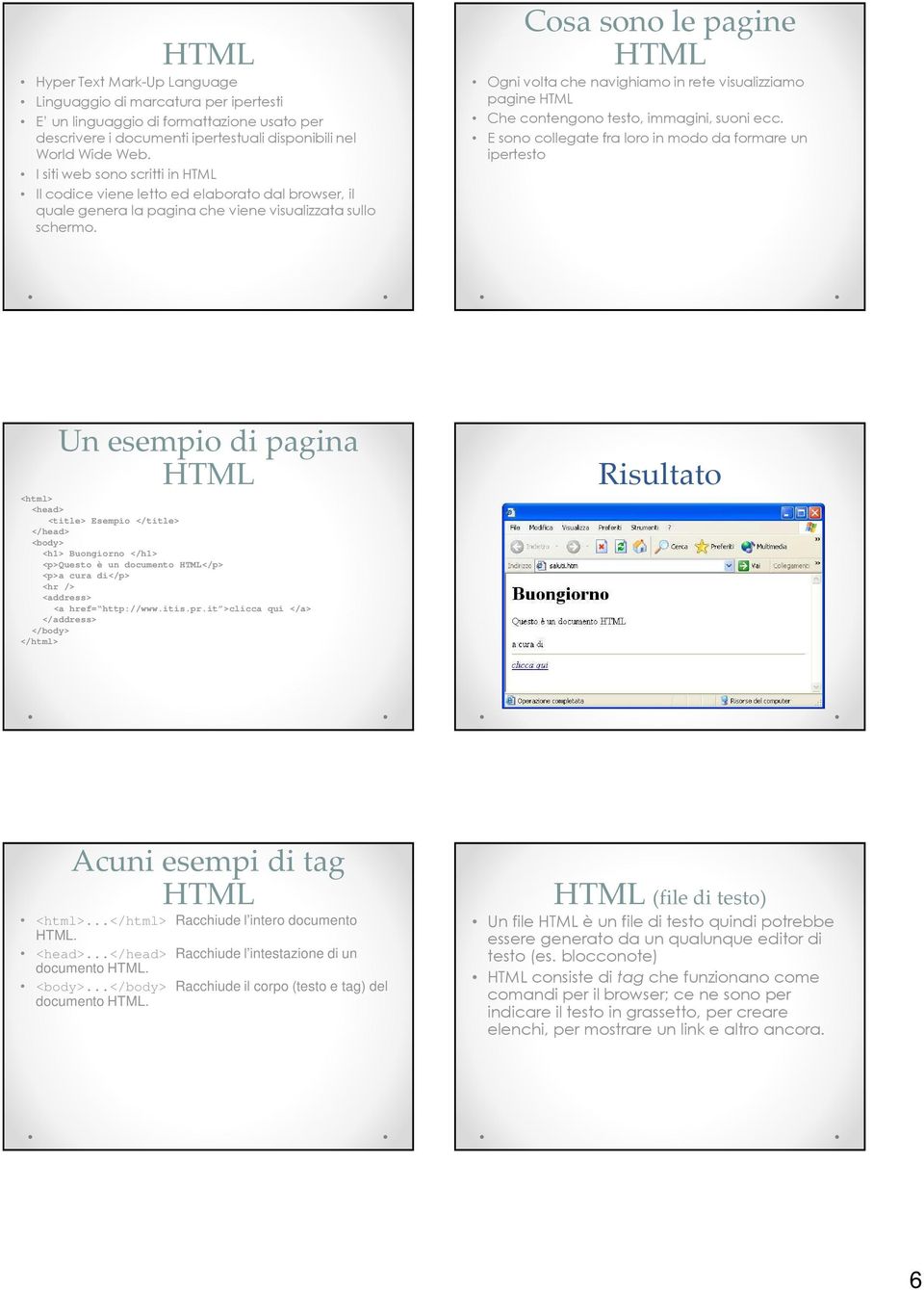 Cosa sono le pagine HTML Ogni volta che navighiamo in rete visualizziamo pagine HTML Che contengono testo, immagini, suoni ecc.