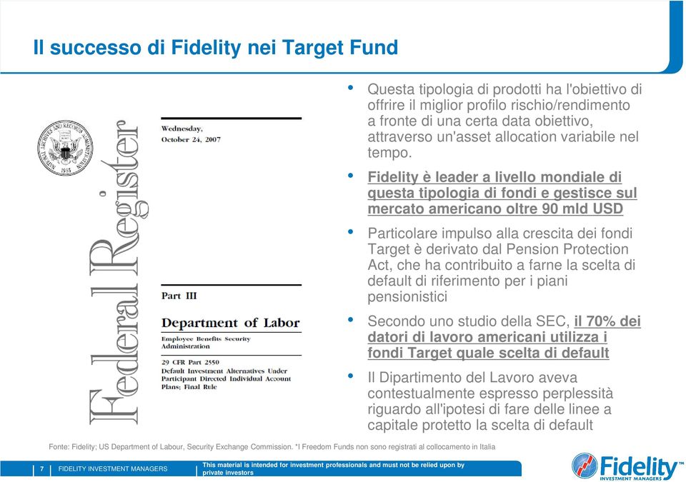Fidelity è leader a livello mondiale di questa tipologia di fondi e gestisce sul mercato americano oltre 90 mld USD Particolare impulso alla crescita dei fondi Target è derivato dal Pension