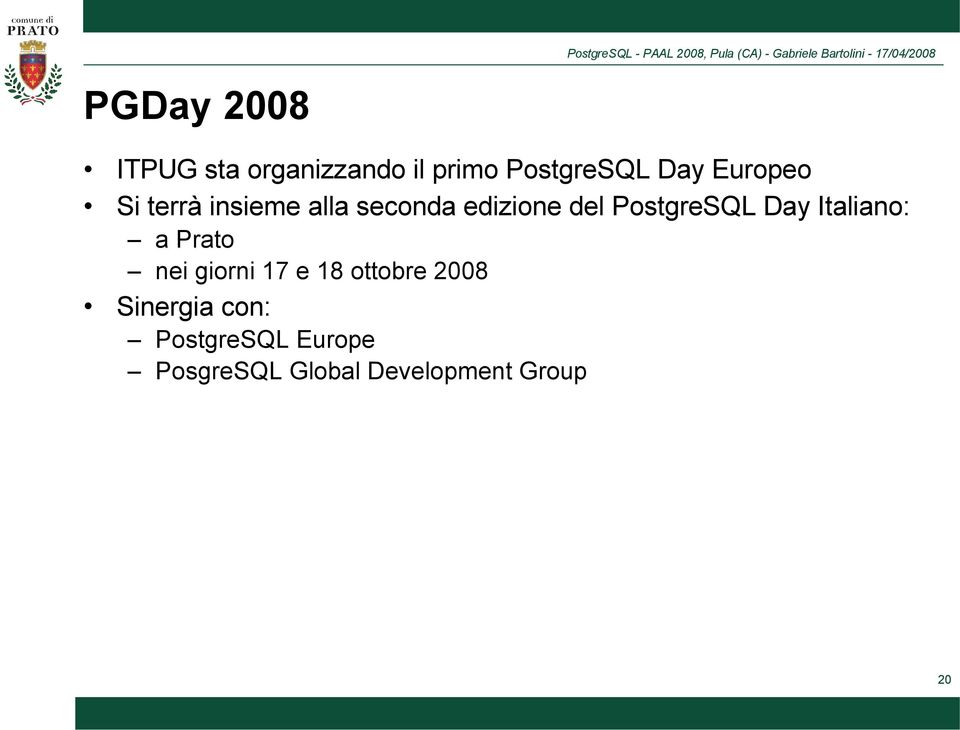 PostgreSQL Day Italiano: a Prato nei giorni 17 e 18 ottobre
