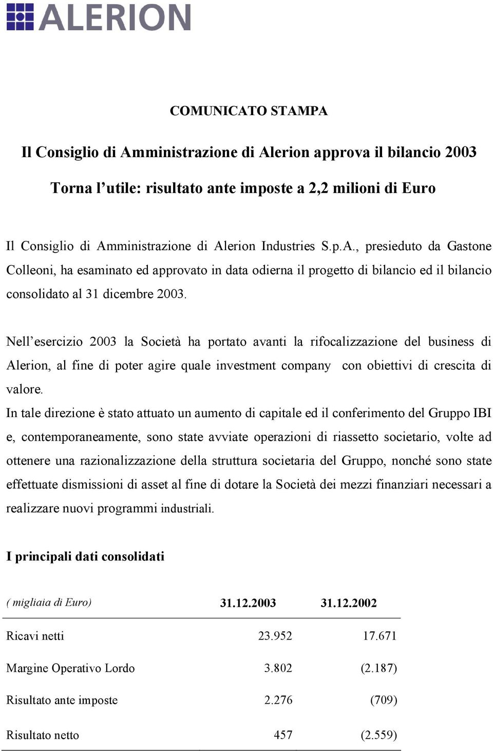 Nell esercizio 2003 la Società ha portato avanti la rifocalizzazione del business di Alerion, al fine di poter agire quale investment company con obiettivi di crescita di valore.