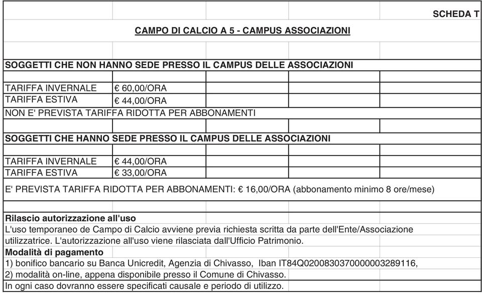 (abbonamento minimo 8 ore/mese) Rilascio autorizzazione all'uso L'uso temporaneo de Campo di Calcio avviene previa richiesta scritta da parte dell'ente/associazione utilizzatrice.