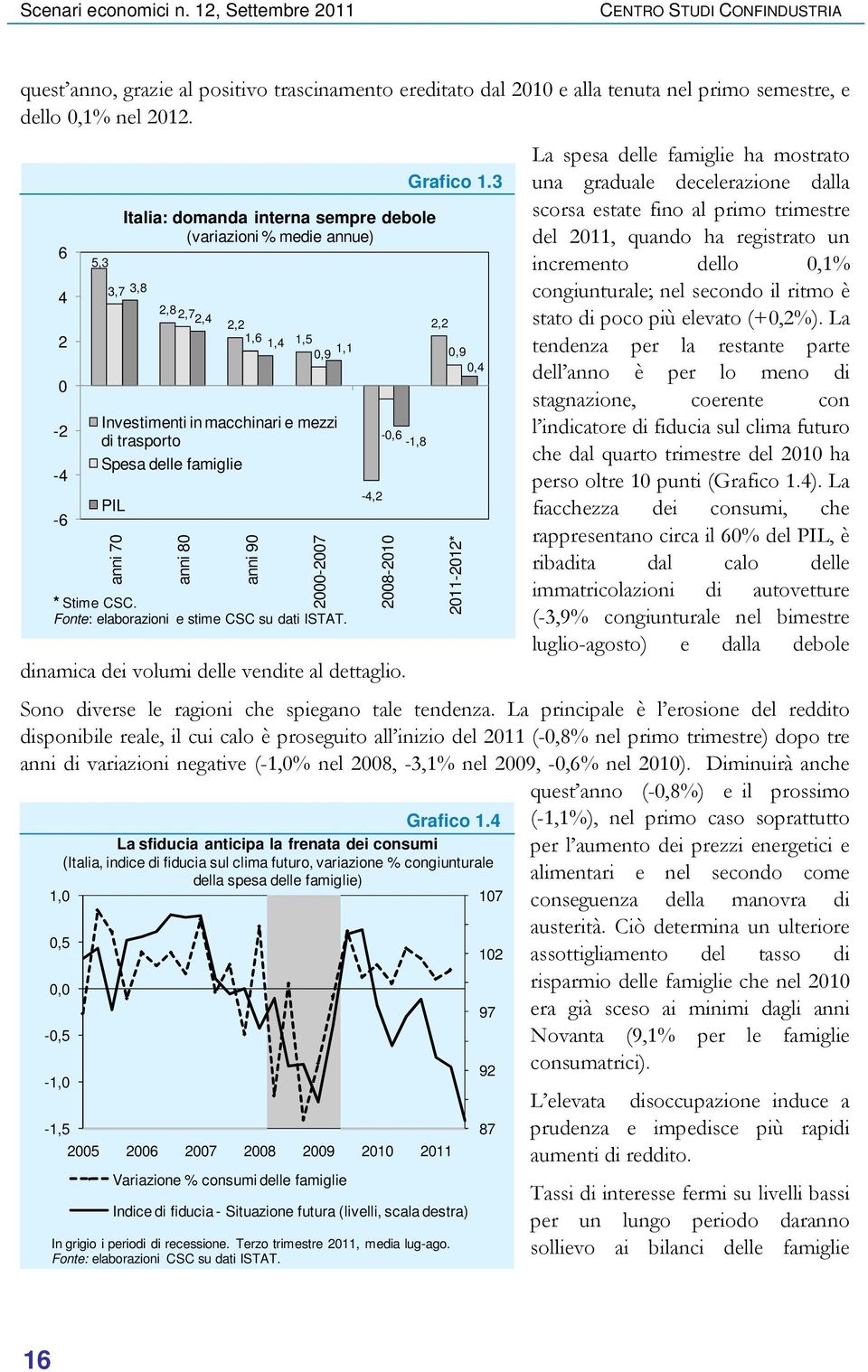 4 La sfiducia anticipa la frenata dei consumi (Italia, indice di fiducia sul clima futuro, variazione % congiunturale della spesa delle famiglie) 1,0 107 000-007 * Stime CSC.