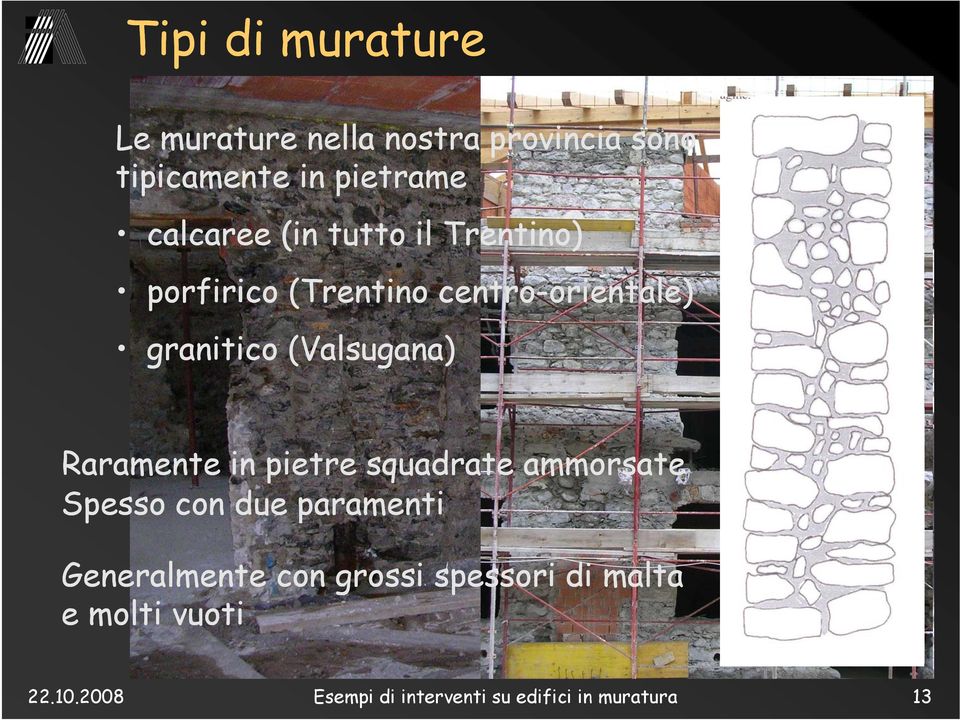 (Valsugana) Raramente in pietre squadrate ammorsate Spesso con due paramenti Generalmente