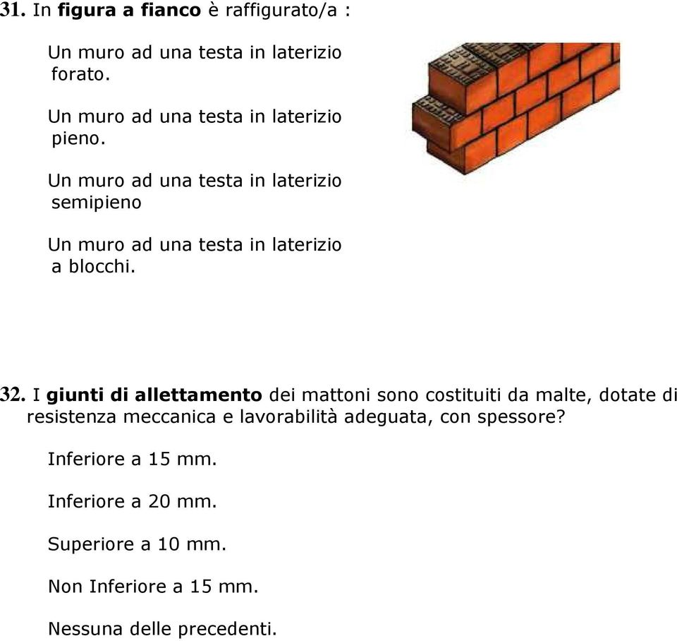 Un muro ad una testa in laterizio semipieno Un muro ad una testa in laterizio a blocchi. 32.