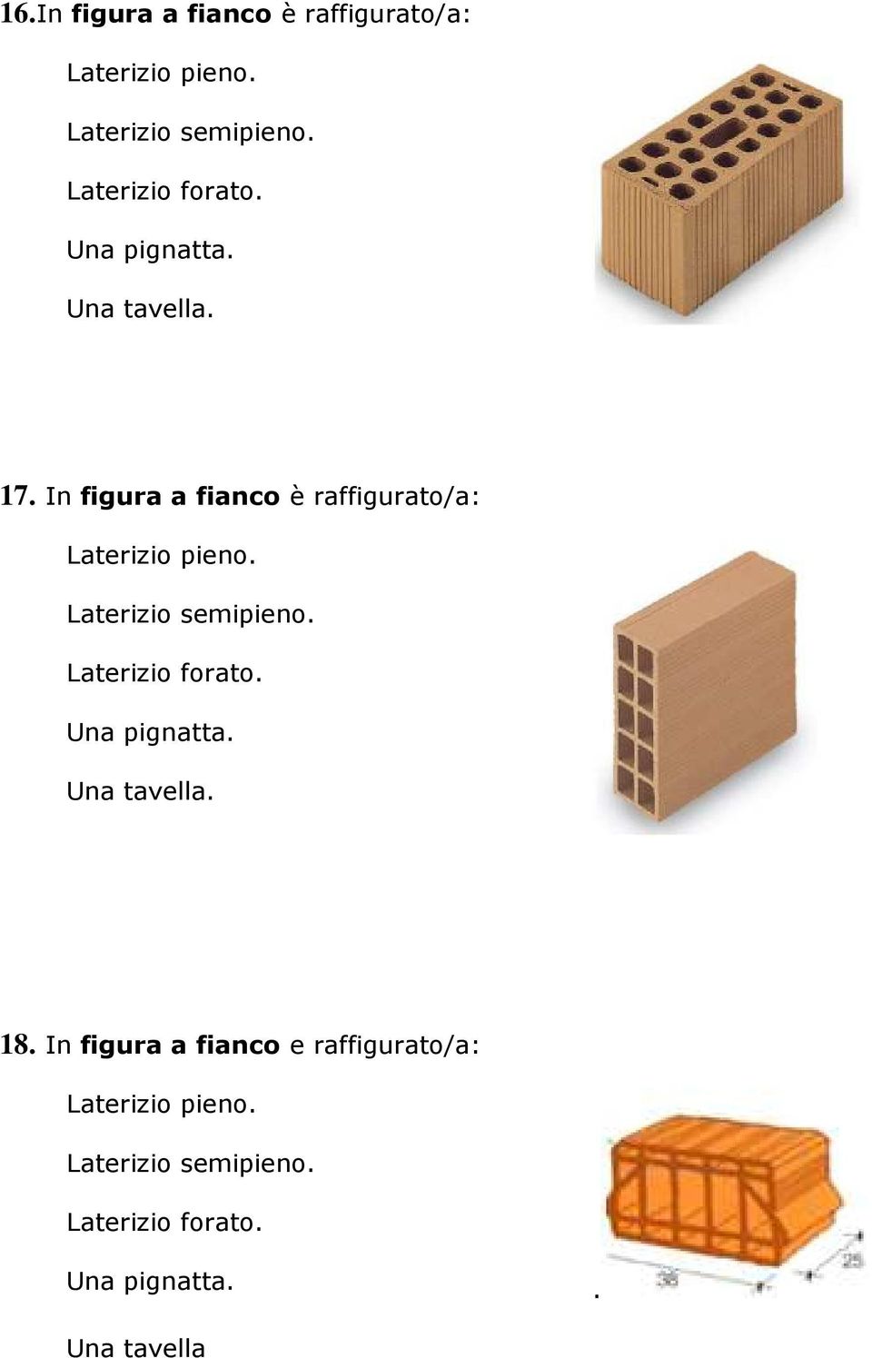 In figura a fianco è raffigurato/a: Laterizio pieno. Laterizio semipieno. Laterizio forato.