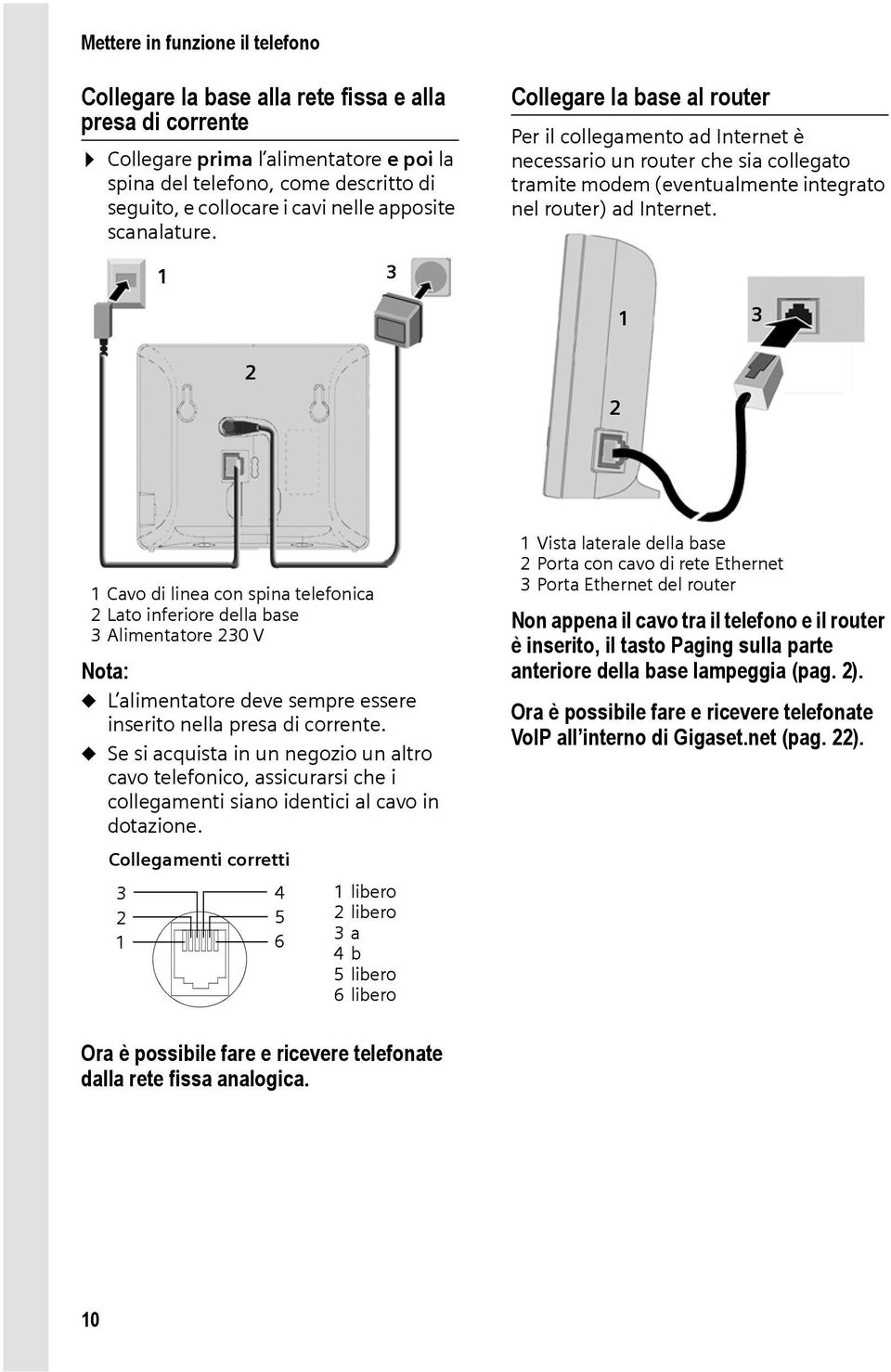 2 1 3 3 1 Cavo di linea con spina telefonica 2 Lato inferiore della base 3 Alimentatore 230 V u L alimentatore deve sempre essere inserito nella presa di corrente.
