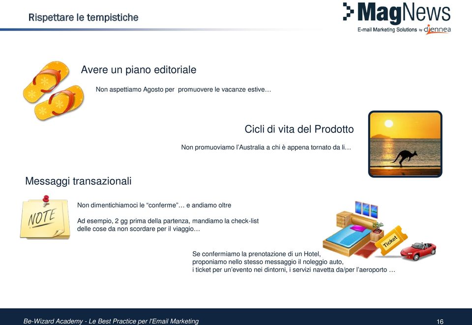 esempio, 2 gg prima della partenza, mandiamo la check-list delle cose da non scordare per il viaggio Se confermiamo la prenotazione di