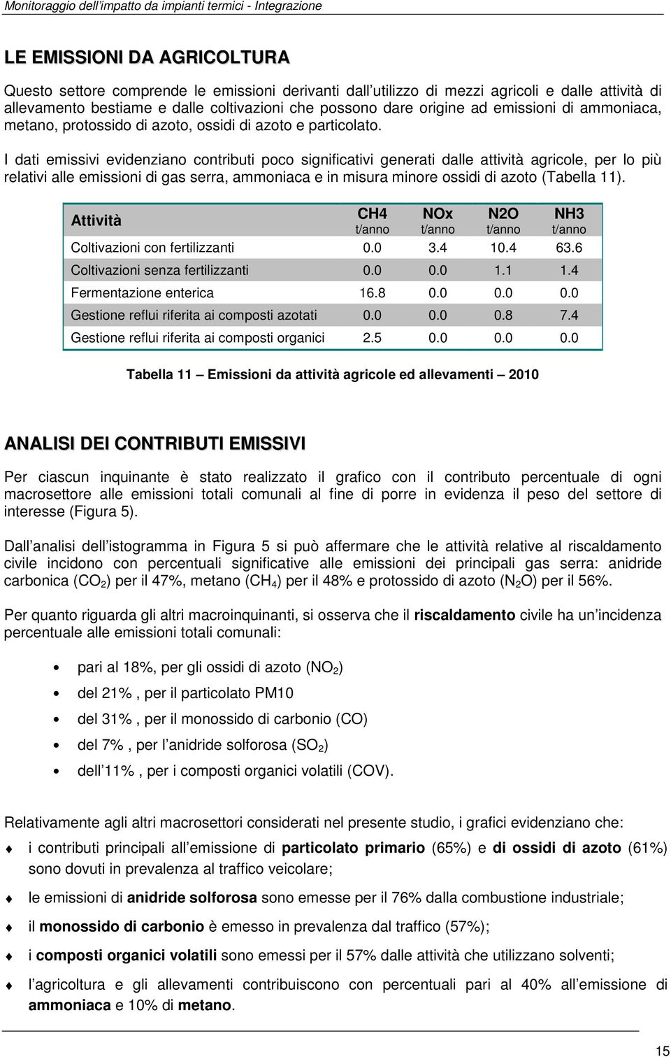 I dati emissivi evidenziano contributi poco significativi generati dalle attività agricole, per lo più relativi alle emissioni di gas serra, ammoniaca e in misura minore ossidi di azoto (Tabella 11).