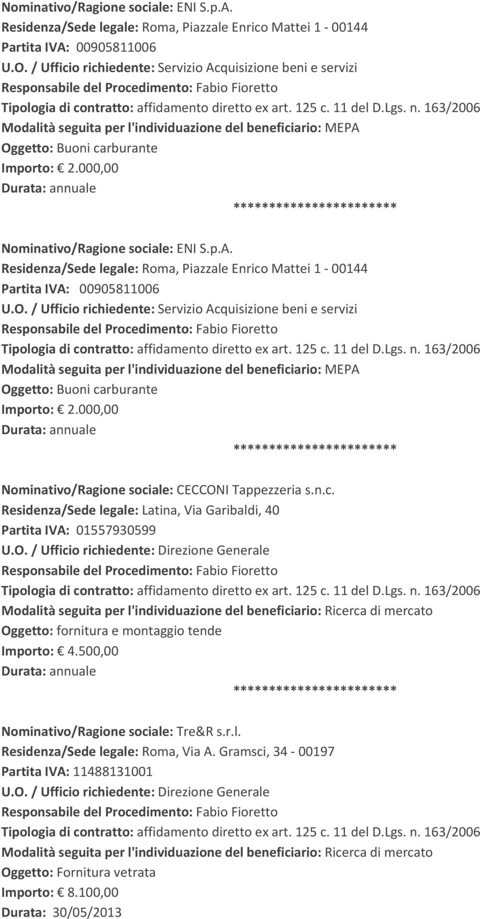 000,00  000,00 Nominativo/Ragione sociale: CECCONI Tappezzeria s.n.c. Residenza/Sede legale: Latina, Via Garibaldi, 40 Partita IVA: 01557930599 Oggetto: fornitura e montaggio tende Importo: 4.