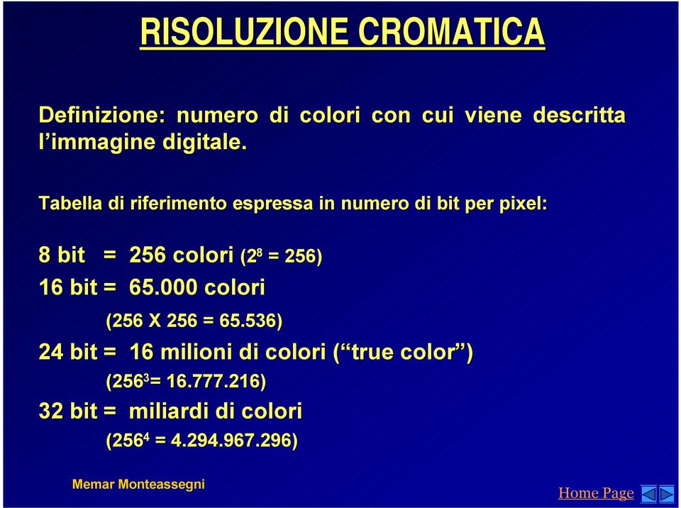 Tabella di riferimento espressa in numero di bit per pixel: 8 bit = 256 colori (2 8 =
