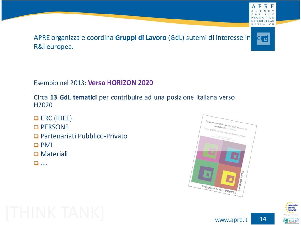 Esempio nel 2013: Verso HORIZON 2020 Circa 13 GdL tematici per