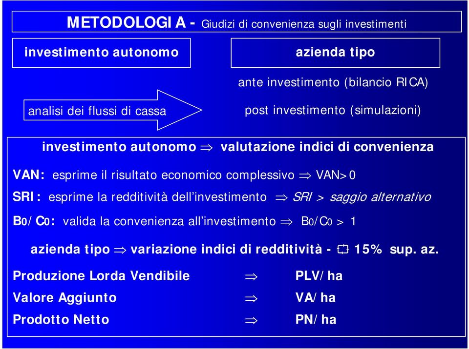 complessivo VAN>0 SRI: esprime la redditività dell investimento SRI > saggio alternativo B0/C0: valida la convenienza all investimento