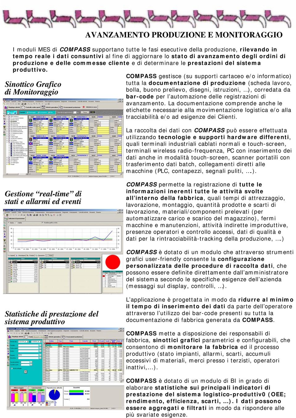 Sinottico Grafico di Monitoraggio COMPASS gestisce (su supporti cartaceo e/o informatico) tutta la documentazione di produzione (scheda lavoro, bolla, buono prelievo, disegni, istruzioni, ),