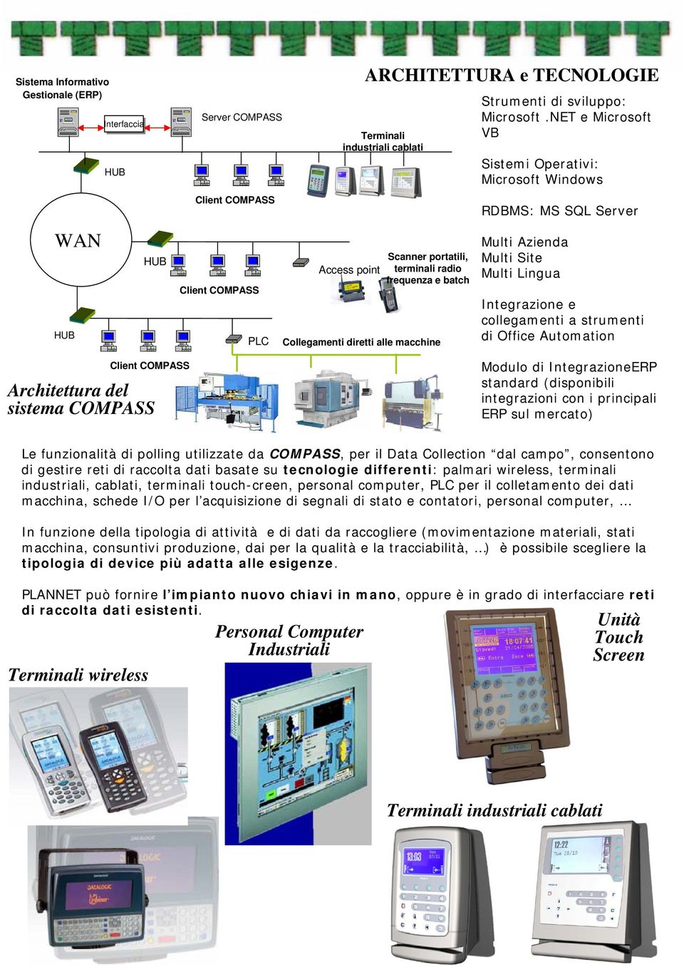 NET e Microsoft VB Sistemi Operativi: Microsoft Windows RDBMS: MS SQL Server Multi Azienda Multi Site Multi Lingua Integrazione e collegamenti a strumenti di Office Automation Client COMPASS