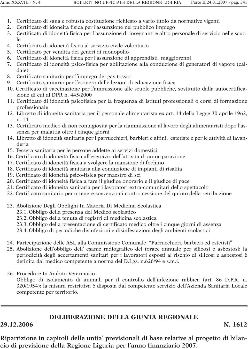 Certificato di idoneità fisica al servizio civile volontario 5. Certificato per vendita dei generi di monopolio 6. Certificato di idoneità fisica per l assunzione di apprendisti maggiorenni 7.