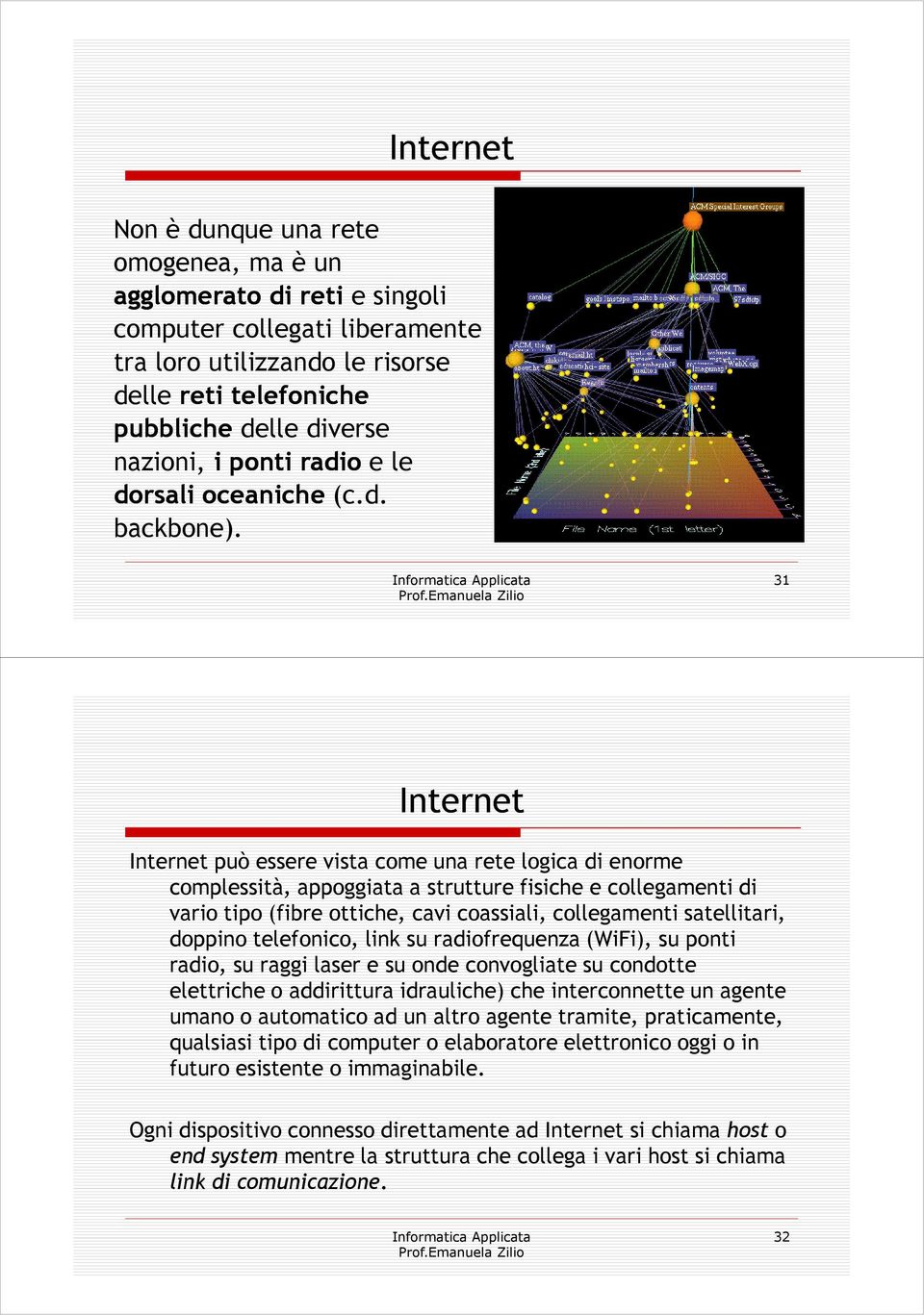 31 Internet Internet può essere vista come una rete logica di enorme complessità, appoggiata a strutture fisiche e collegamenti di vario tipo (fibre ottiche, cavi coassiali, collegamenti satellitari,