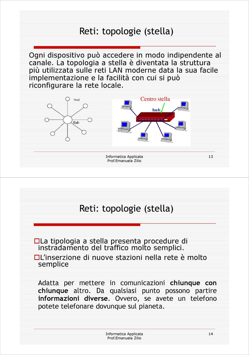 riconfigurare la rete locale. Centro stella 13 Reti: topologie (stella) La tipologia a stella presenta procedure di instradamento del traffico molto semplici.