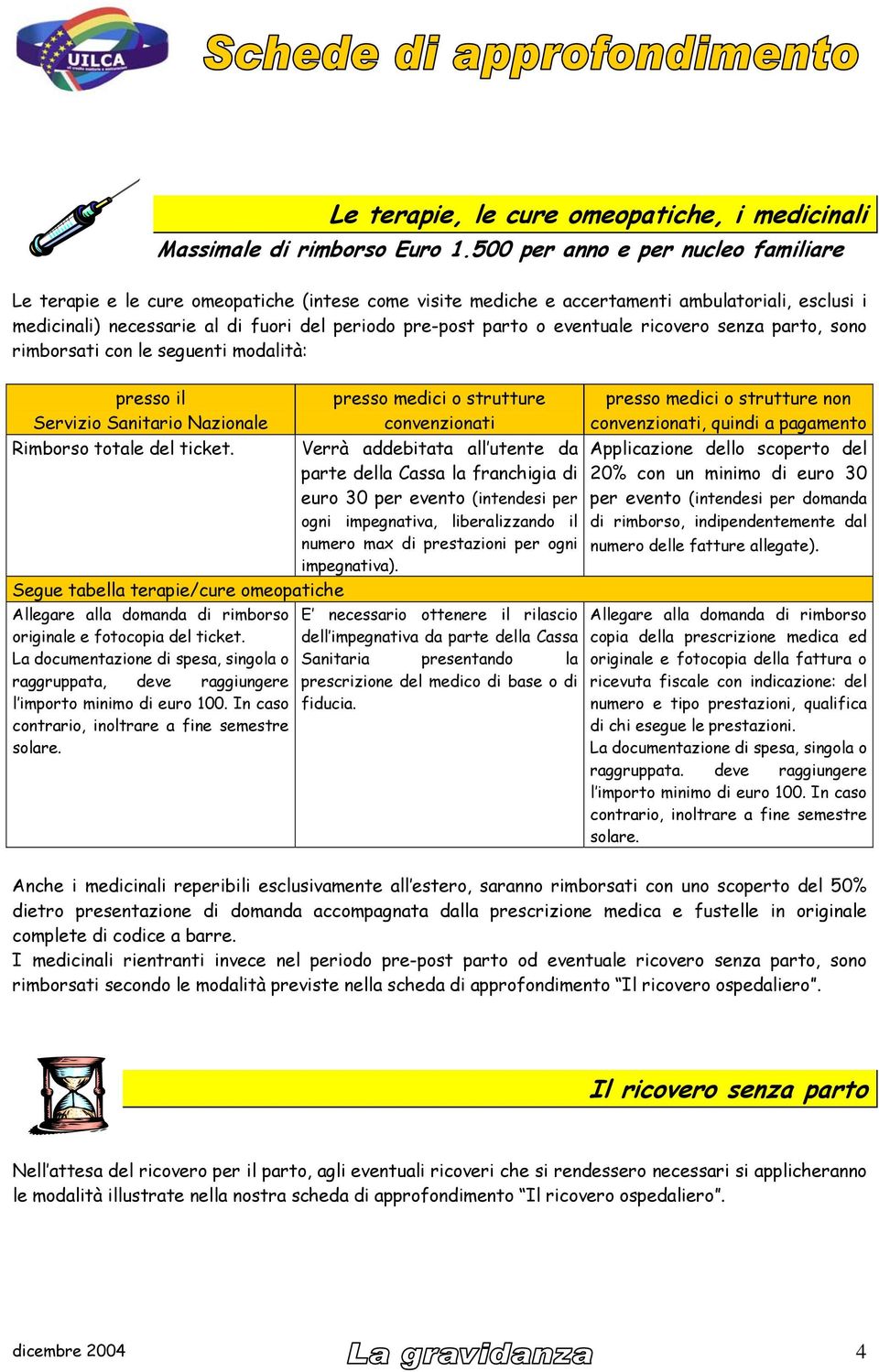 o eventuale ricovero senza parto, sono rimborsati con le seguenti modalità: presso il Servizio Sanitario Nazionale Rimborso totale del ticket.