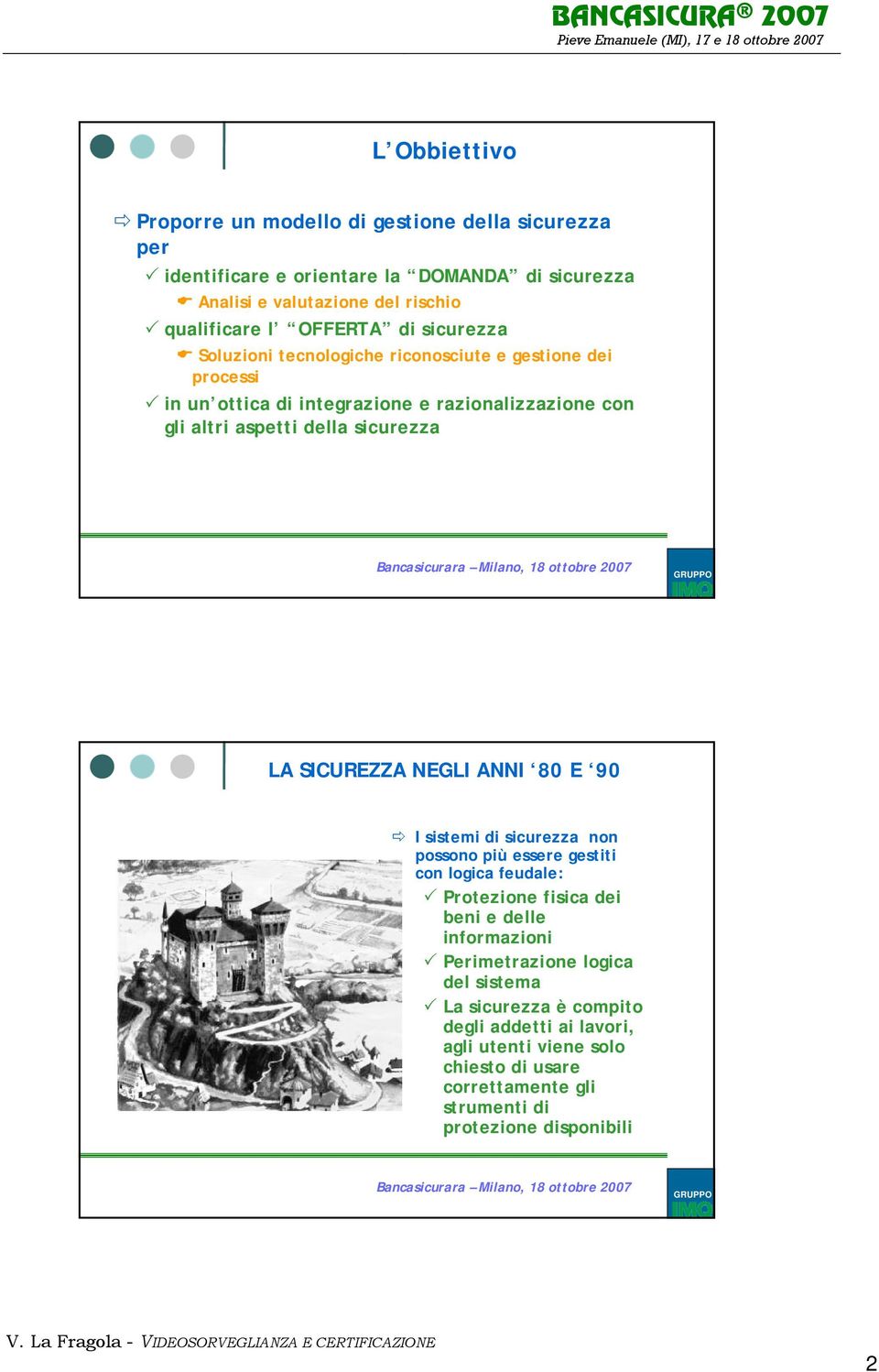 sicurezza LA SICUREZZA NEGLI ANNI 80 E 90 I sistemi di sicurezza non possono più essere gestiti con logica feudale: Protezione fisica dei beni e delle informazioni