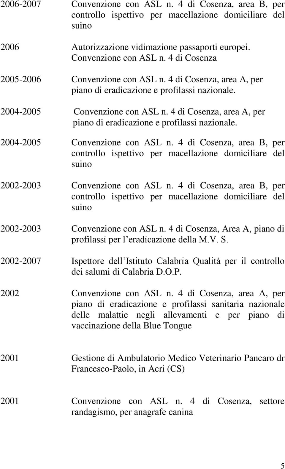 2004-2005 Convenzione con ASL n. 4 di Cosenza, area B, per controllo ispettivo per macellazione domiciliare del suino 2002-2003 Convenzione con ASL n.