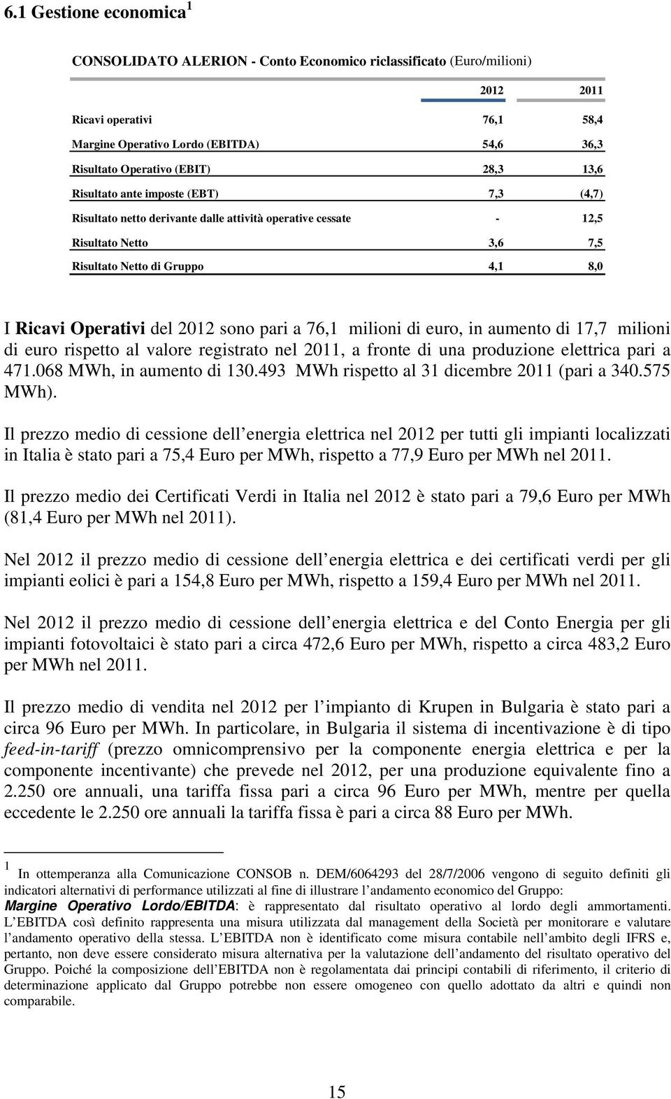 2012 sono pari a 76,1 milioni di euro, in aumento di 17,7 milioni di euro rispetto al valore registrato nel 2011, a fronte di una produzione elettrica pari a 471.068 MWh, in aumento di 130.