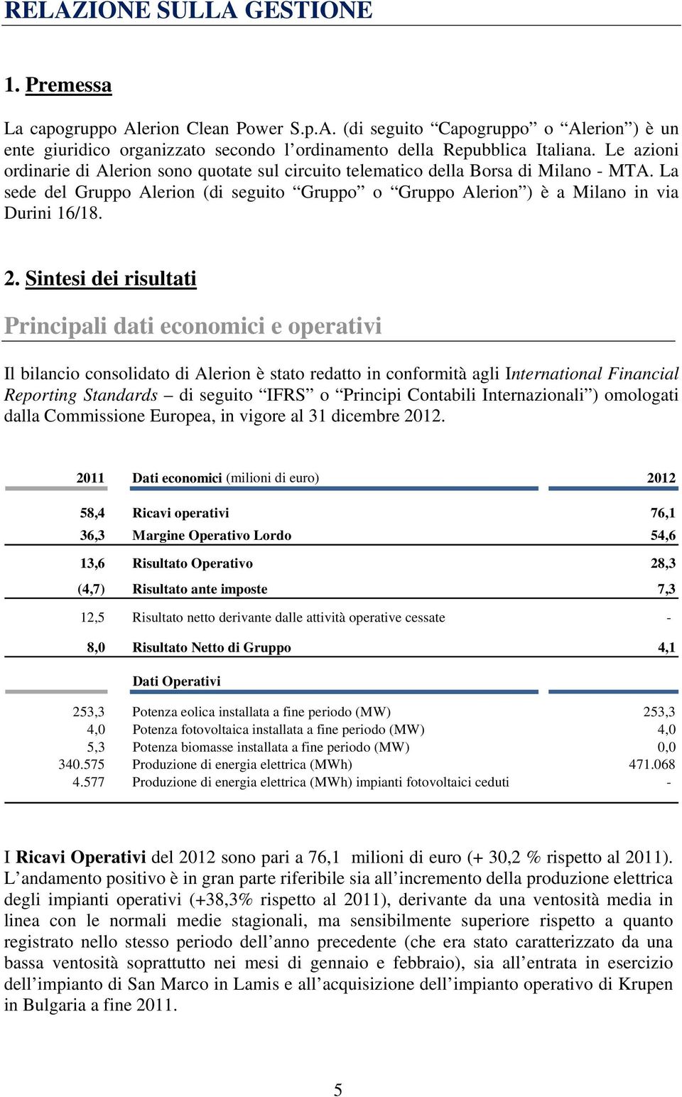 Sintesi dei risultati Principali dati economici e operativi Il bilancio consolidato di Alerion è stato redatto in conformità agli International Financial Reporting Standards di seguito IFRS o