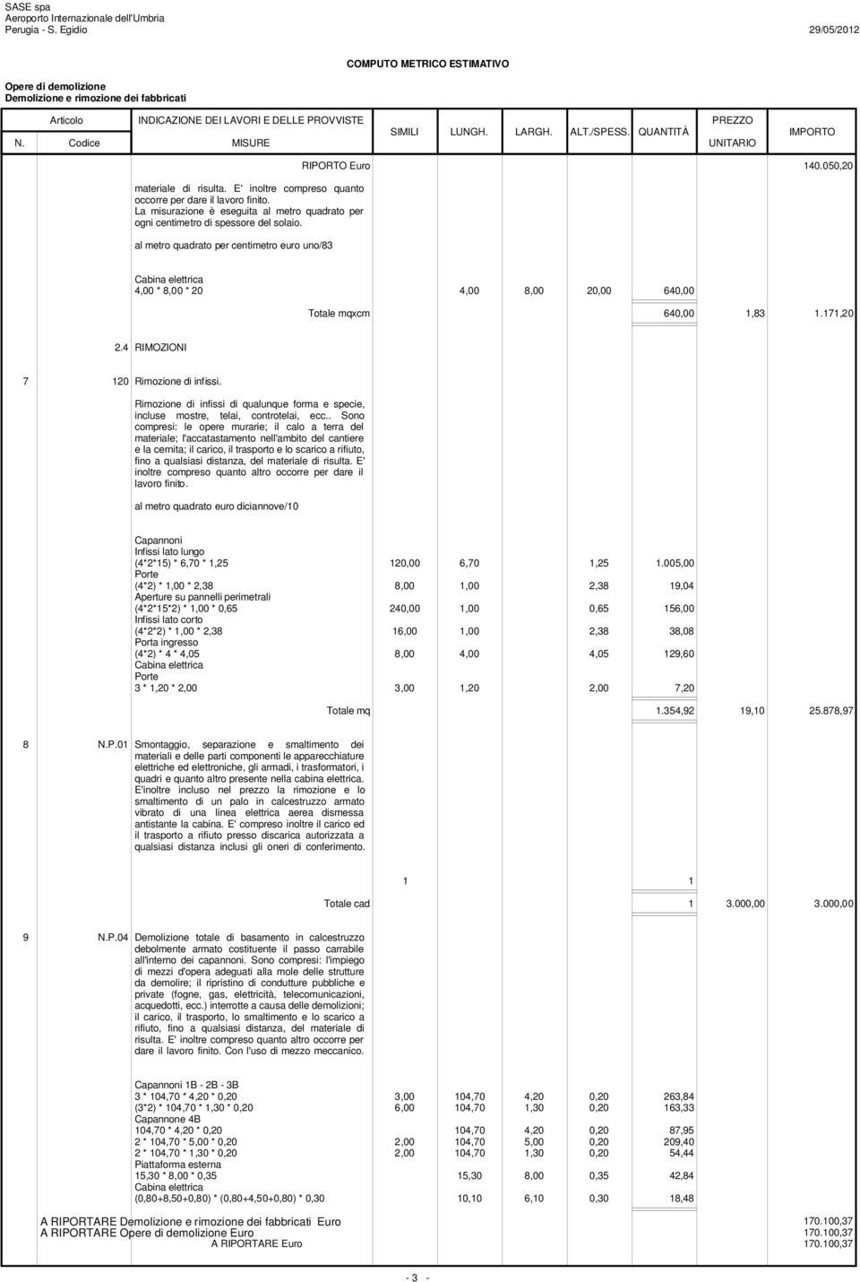 050,20 4,00 * 8,00 * 20 4,00 8,00 20,00 640,00 Totale mqxcm 640,00 1,83 1.171,20 2.4 RIMOZIONI 7 120 Rimozione di infissi.