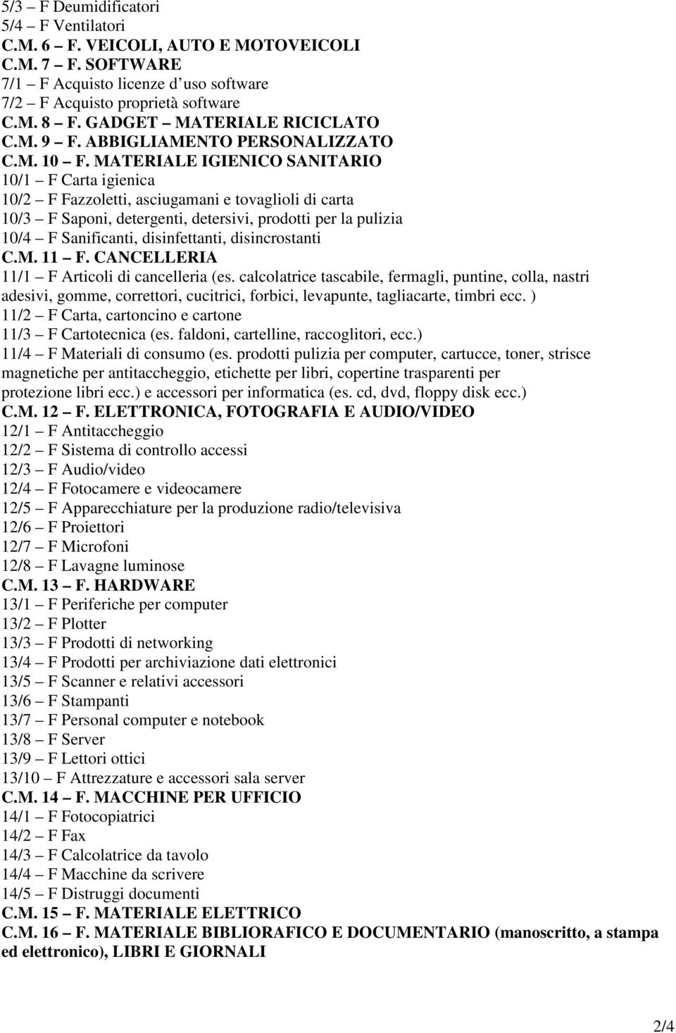 MATERIALE IGIENICO SANITARIO 10/1 F Carta igienica 10/2 F Fazzoletti, asciugamani e tovaglioli di carta 10/3 F Saponi, detergenti, detersivi, prodotti per la pulizia 10/4 F Sanificanti,