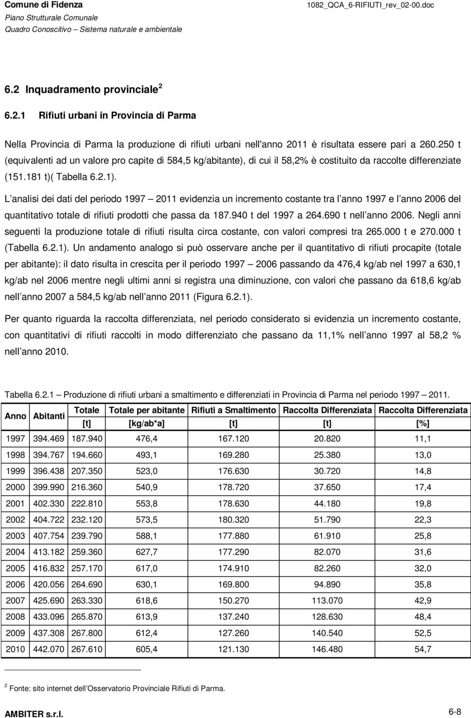 L analisi dei dati del periodo 1997 2011 evidenzia un incremento costante tra l anno 1997 e l anno 2006 del quantitativo totale di rifiuti prodotti che passa da 187.940 t del 1997 a 264.