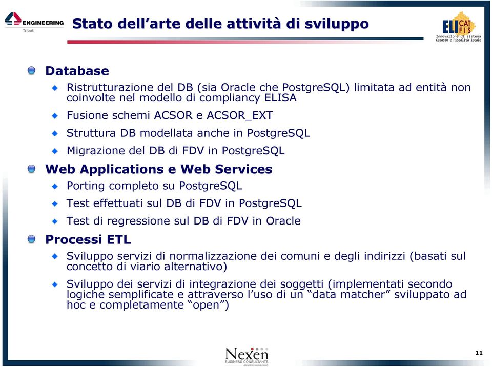 effettuati sul DB di FDV in PostgreSQL Test di regressione sul DB di FDV in Oracle Processi ETL Sviluppo servizi di normalizzazione dei comuni e degli indirizzi (basati sul concetto