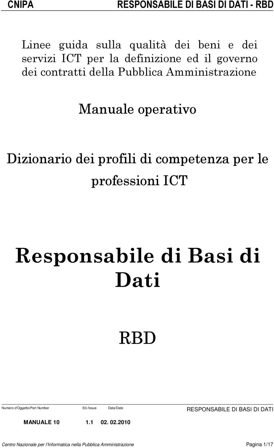 cmpetenza per le prfessini ICT Respnsabile di Basi di Dati RBD Numer d'oggett/part