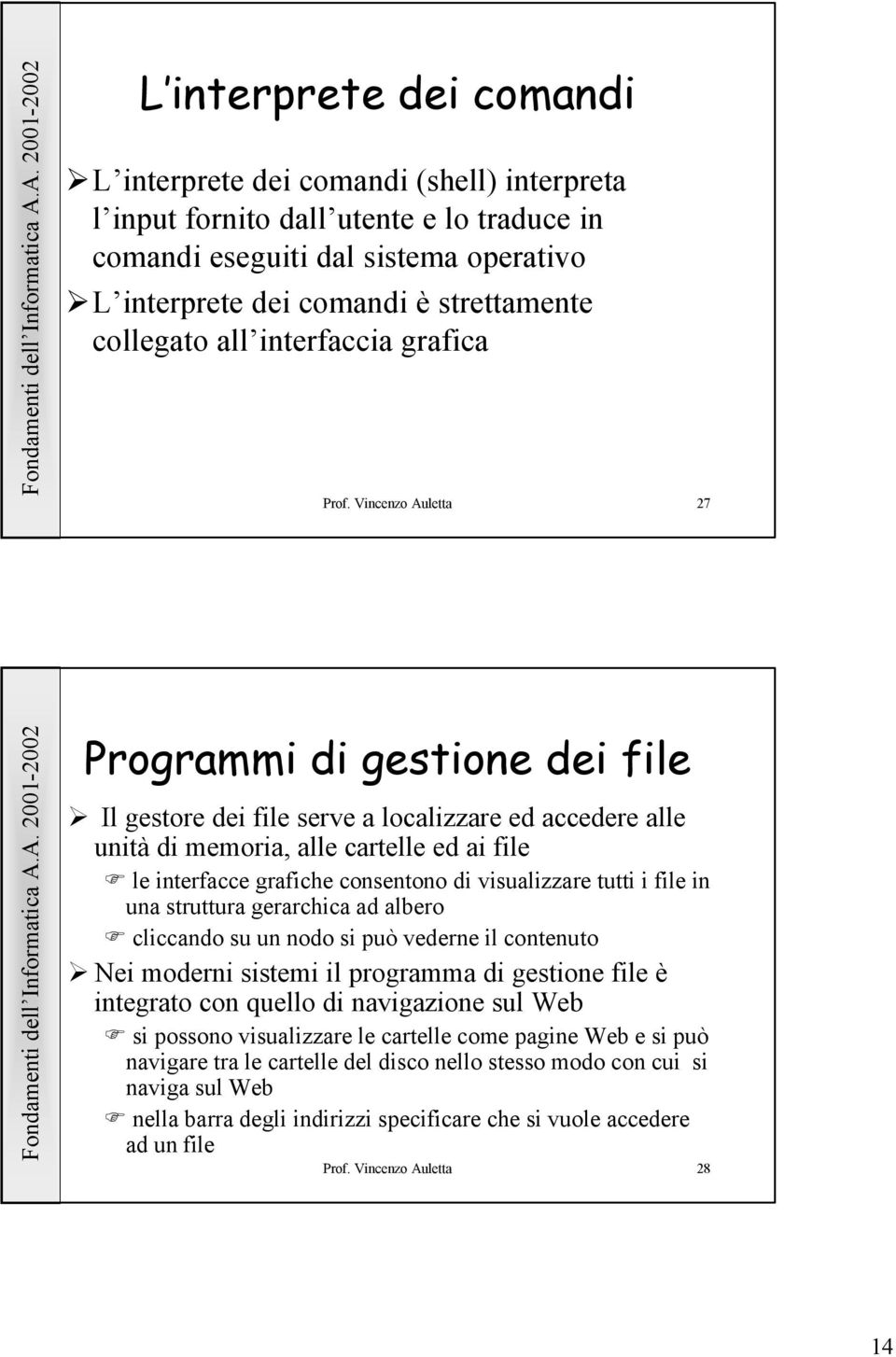 Vincenzo Auletta 27 Programmi di gestione dei file Il gestore dei file serve a localizzare ed accedere alle unità di memoria, alle cartelle ed ai file le interfacce grafiche consentono di