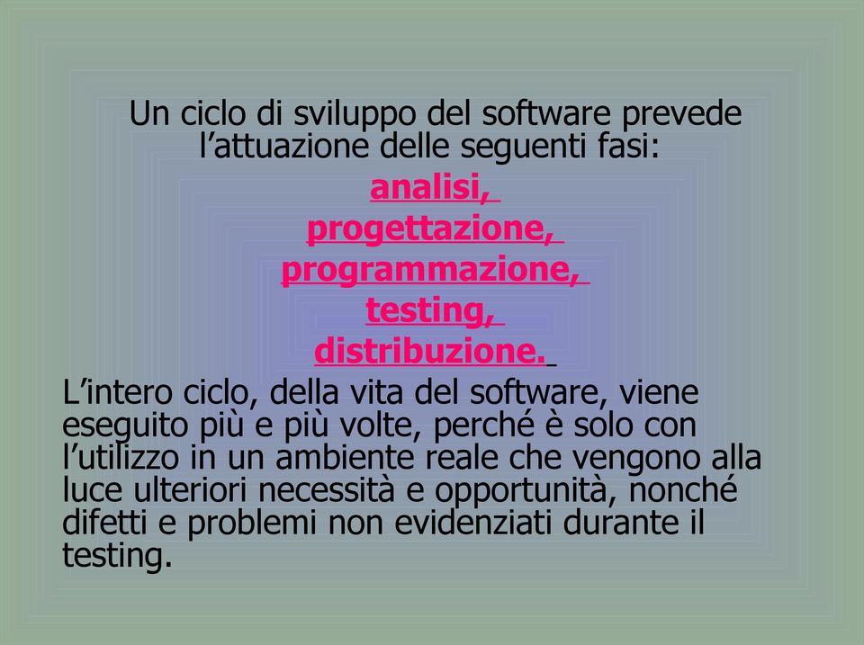 L intero ciclo, della vita del software, viene eseguito più e più volte, perché è solo con l