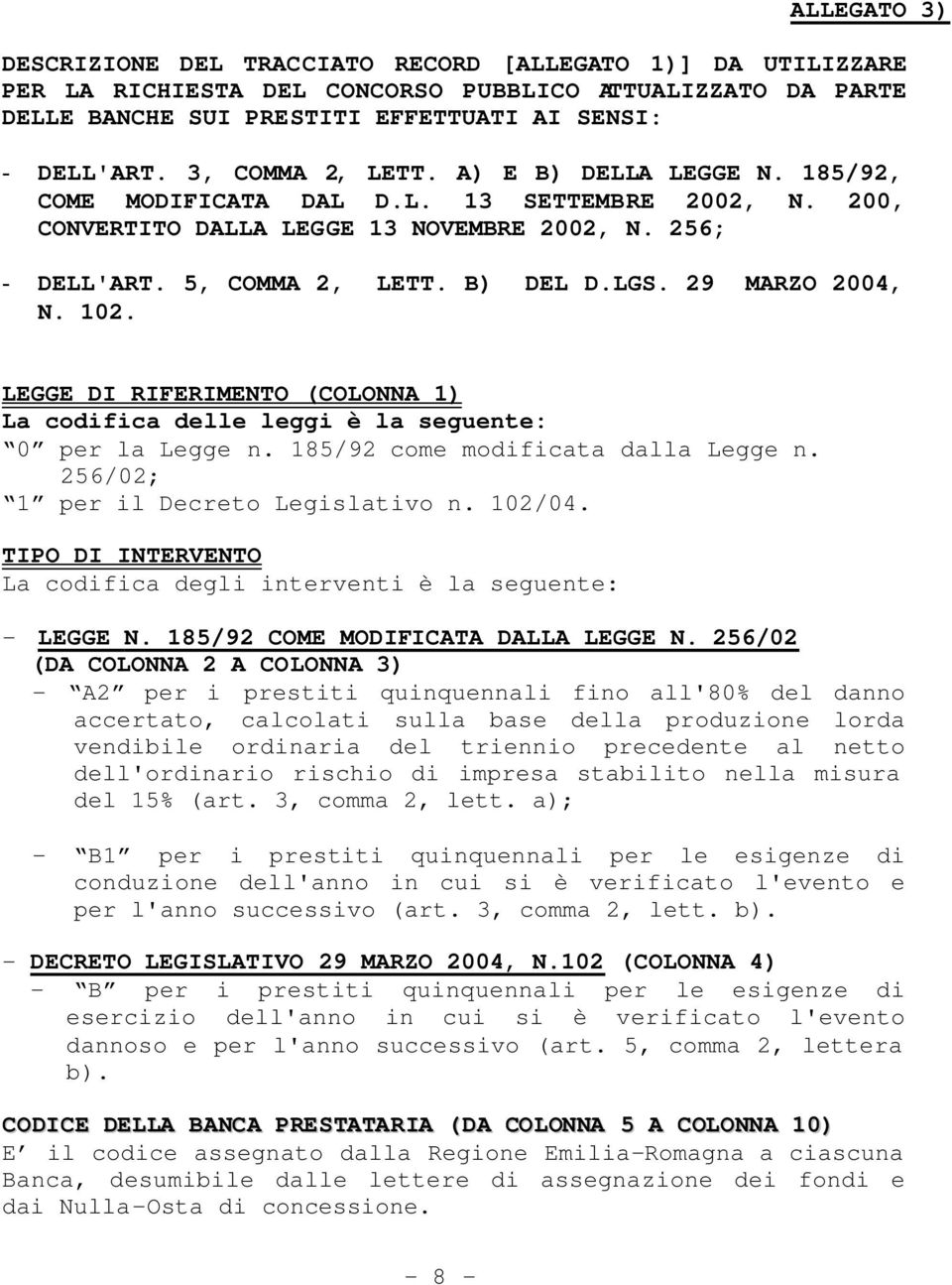 29 MARZO 2004, N. 102. LEGGE DI RIFERIMENTO (COLONNA 1) La codifica delle leggi è la seguente: 0 per la Legge n. 185/92 come modificata dalla Legge n. 256/02; 1 per il Decreto Legislativo n. 102/04.