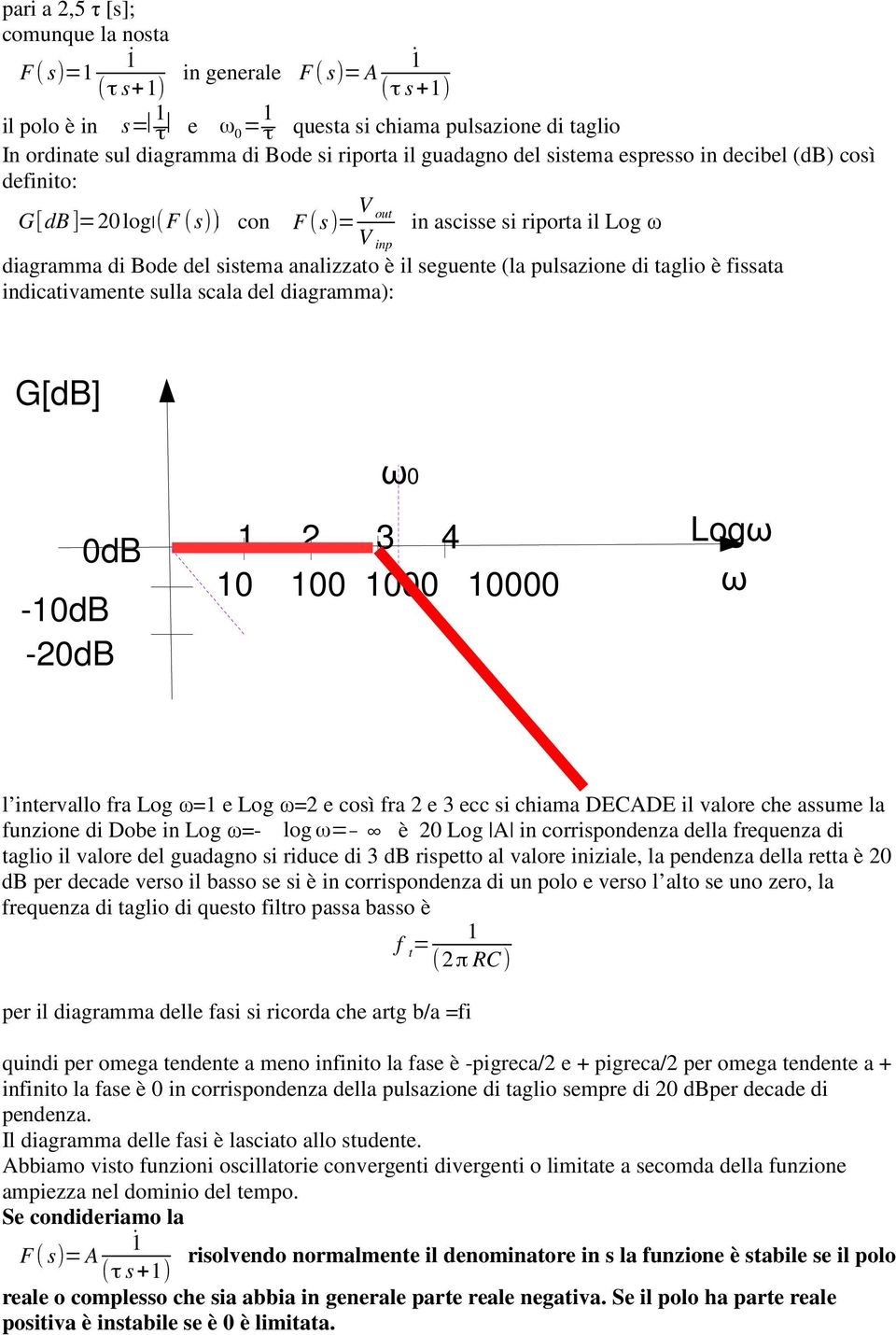 fissata indicativamente sulla scala del diagramma): G[dB] ω0 0dB -0dB -20dB 2 3 4 0 00 000 0000 Logω ω l intervallo fra Log ω e Log ω2 e così fra 2 e 3 ecc si chiama DECADE il valore che assume la