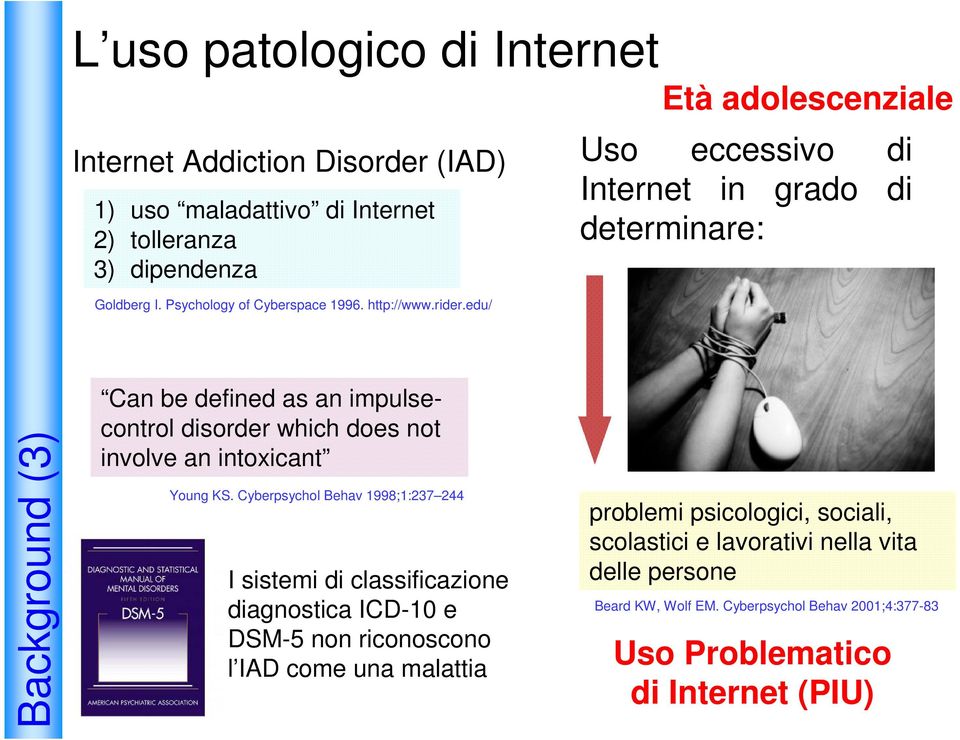 edu/ Età adolescenziale Background (3) Can be defined as an impulsecontrol disorder which does not involve an intoxicant Young KS.