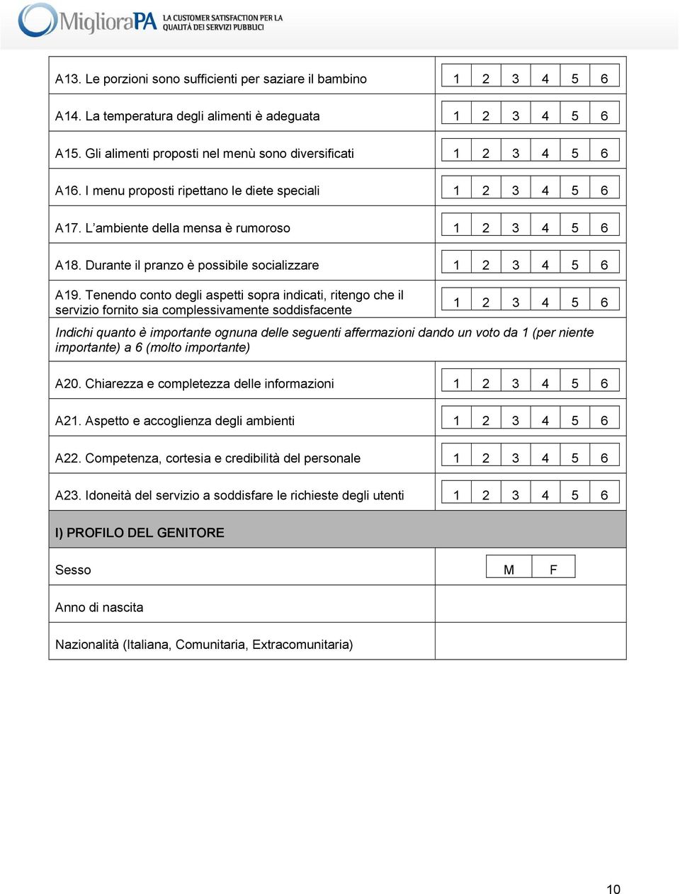 Tenendo conto degli aspetti sopra indicati, ritengo che il servizio fornito sia complessivamente soddisfacente 1 2 3 4 5 6 Indichi quanto è importante ognuna delle seguenti affermazioni dando un voto