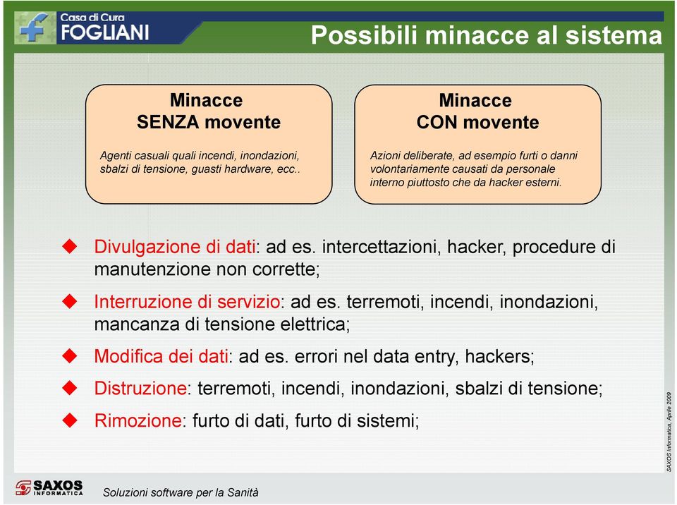 Divulgazione di dati: ad es. intercettazioni, hacker, procedure di manutenzione non corrette; Interruzione di servizio: ad es.