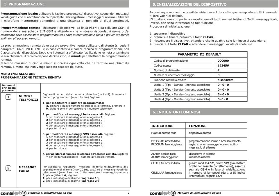 Programmazione remota: chiamare il dispositivo, da linea PSTN o da cellulare GSM, al numero della sua scheda SIM GSM e attendere che lo stesso risponda; il numero del chiamante deve essere stato